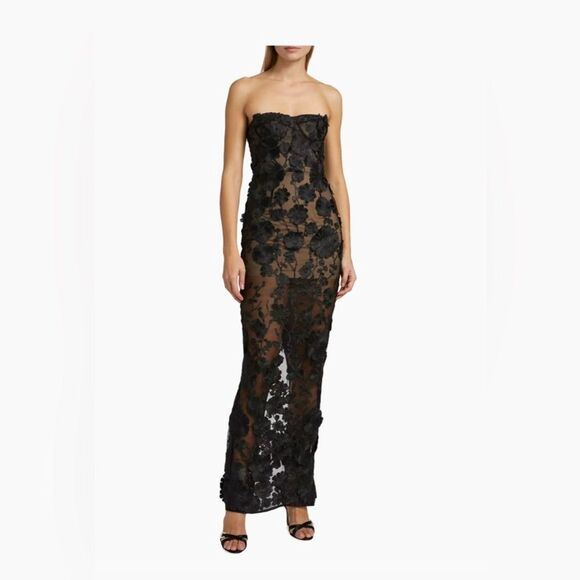 NWOT Bronx and Banco Jasmine Floral-Embroidered Sheer Maxi Dress Black - Picture 6 of 16